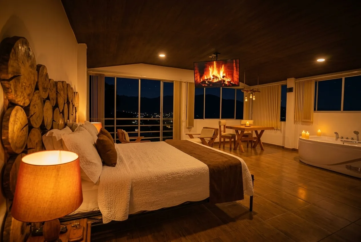 Suite Exclusiva con Jacuzzi e Iluminación Cálida Nocturna